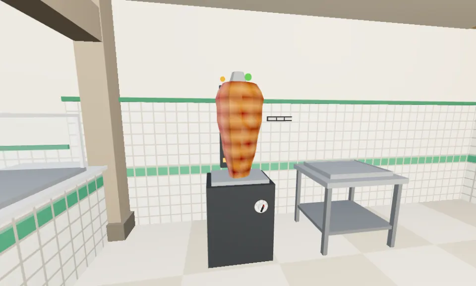 Dönerspieß am Grill in der Küche des Döner Simulators