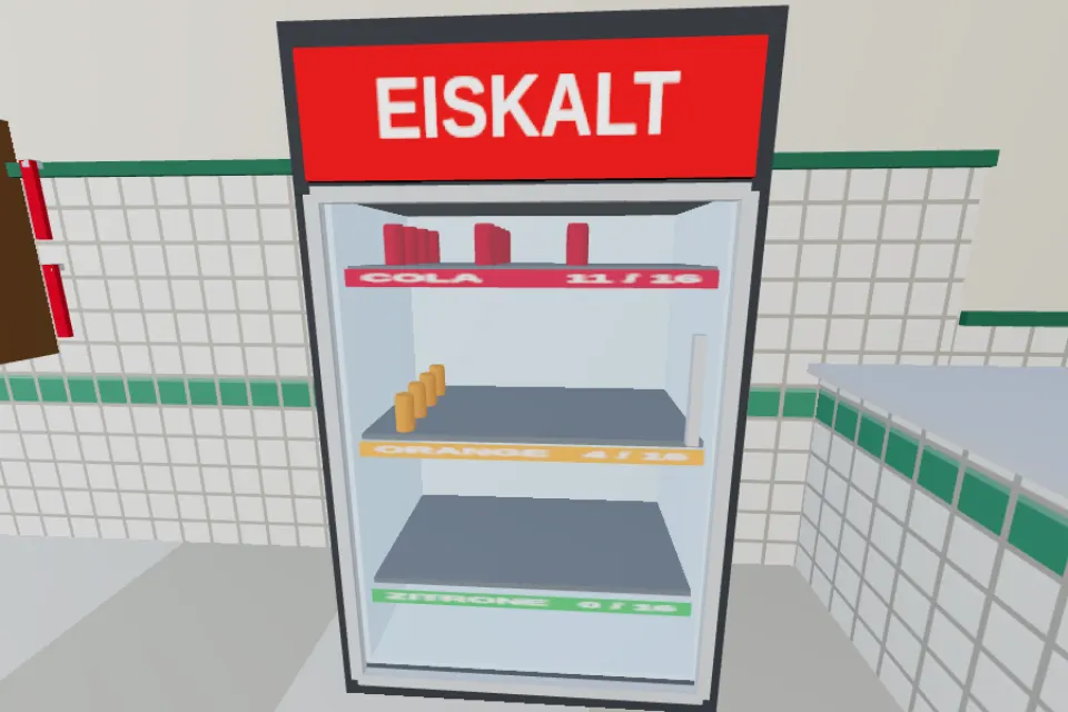 Getränkekühlschrank mit Cola, Orangenlimo und Zitronenlimo im Döner Simulator